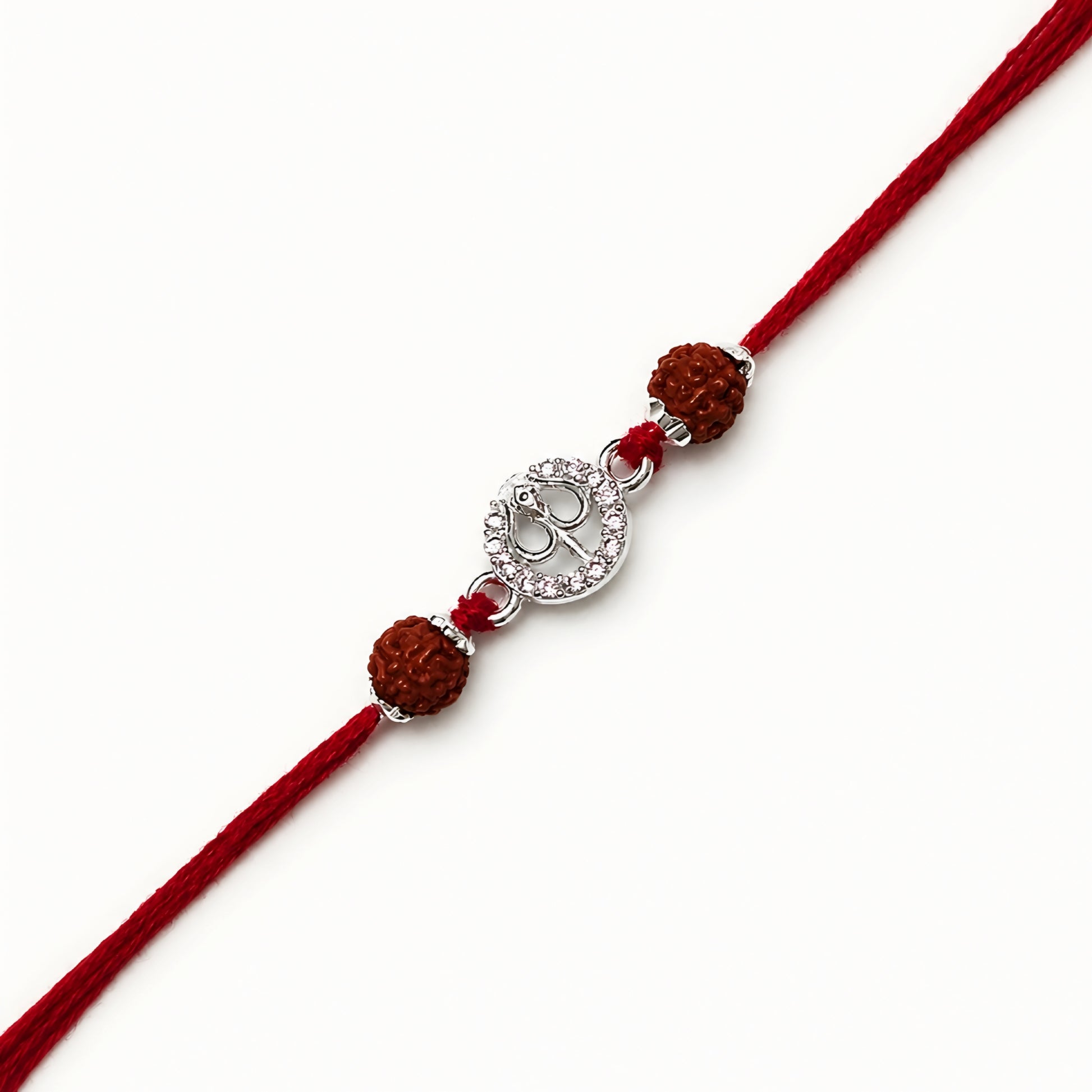Silver Trishul stone Rakhi with original Rudraksha beads and red thread for brother on Raksha Bandhan