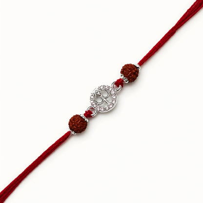Silver Trishul stone Rakhi with original Rudraksha beads and red thread for brother on Raksha Bandhan