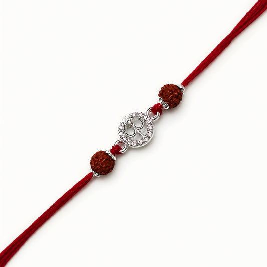 Silver Trishul stone Rakhi with original Rudraksha beads and red thread for brother on Raksha Bandhan