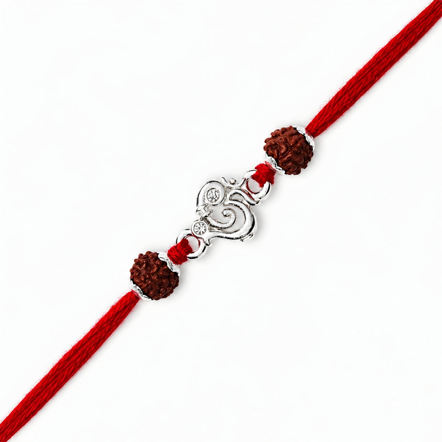 Silver Om stone Rakhi with original Rudraksha beads and red thread for brother on Raksha Bandhan