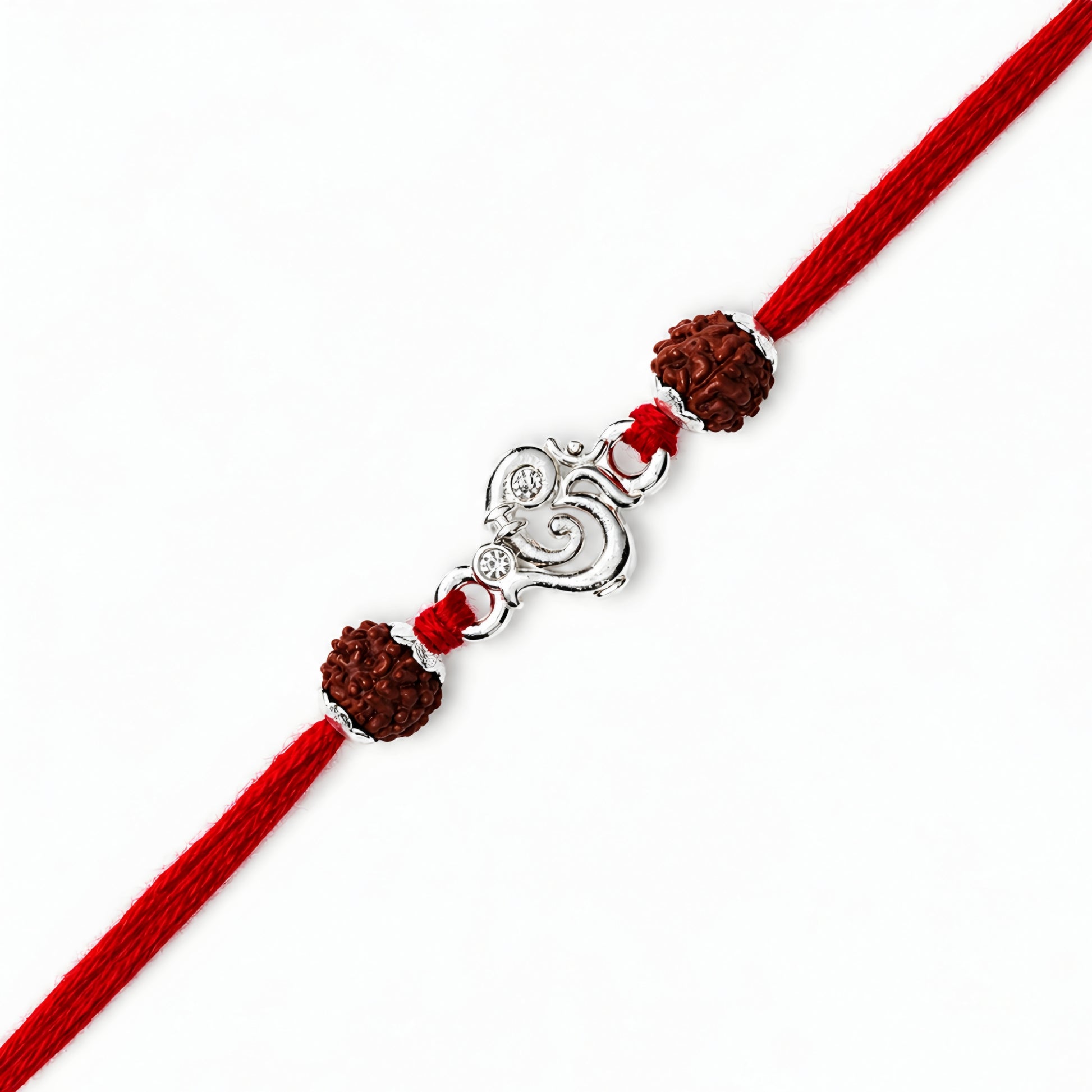 Silver Om stone Rakhi with original Rudraksha beads and red thread for brother on Raksha Bandhan