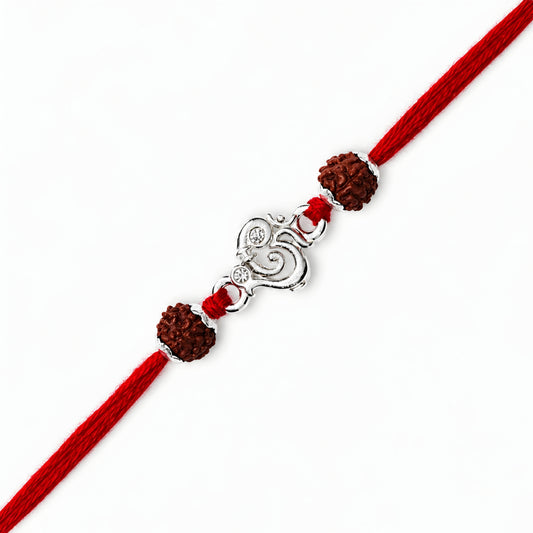Silver Om stone Rakhi with original Rudraksha beads and red thread for brother on Raksha Bandhan