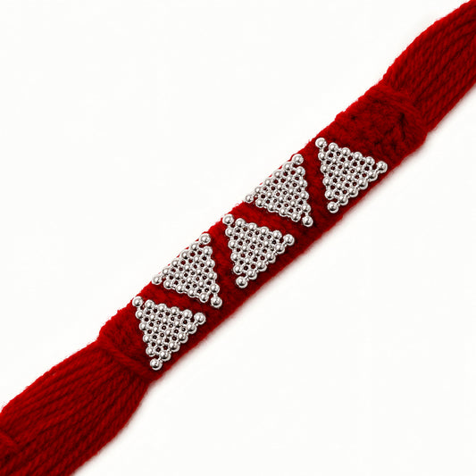 Sterling Silver Panch Trikona Mauli Rakhi with five silver motifs and broad red woven thread for brother