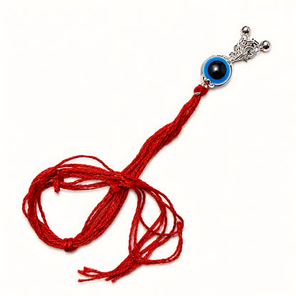 Sterling Silver Nazar Lumba Rakhi for Bhabhi with blue evil eye centrepiece, silver hanging charms and red thread