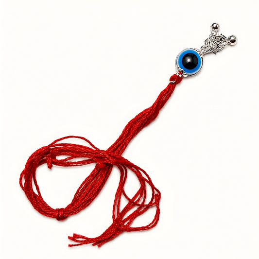 Sterling Silver Nazar Lumba Rakhi for Bhabhi with blue evil eye centrepiece, silver hanging charms and red thread