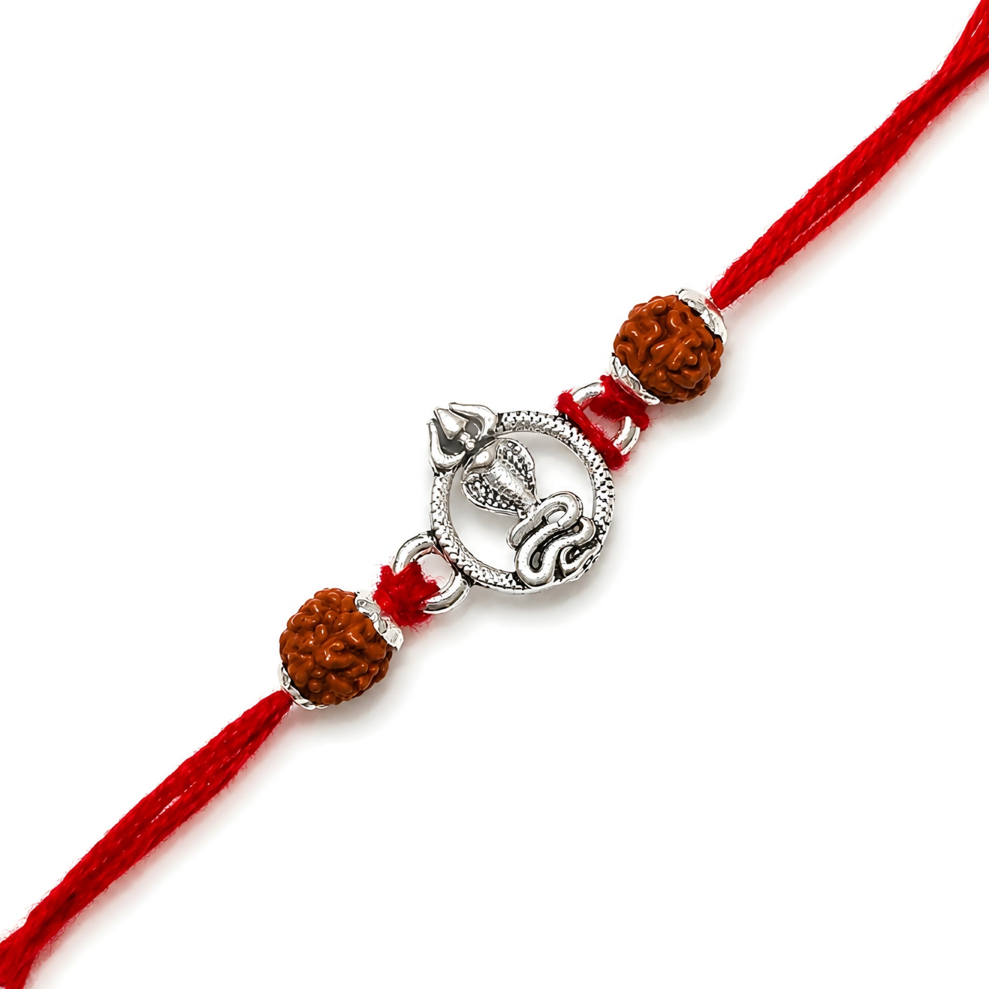 Silver Mahadev Trishul Rakhi with serpent motif, original Rudraksha beads and red thread for Raksha Bandhan