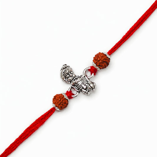 Silver Bal Hanuman Rakhi with original Rudraksha beads and red thread for brother on Raksha Bandhan
