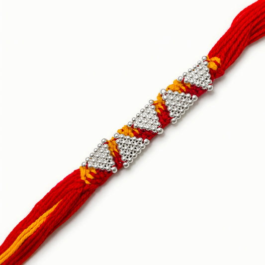 Sterling Silver Panch Shikhar Mauli Rakhi with five detailed silver motifs and broad red saffron thread for brother