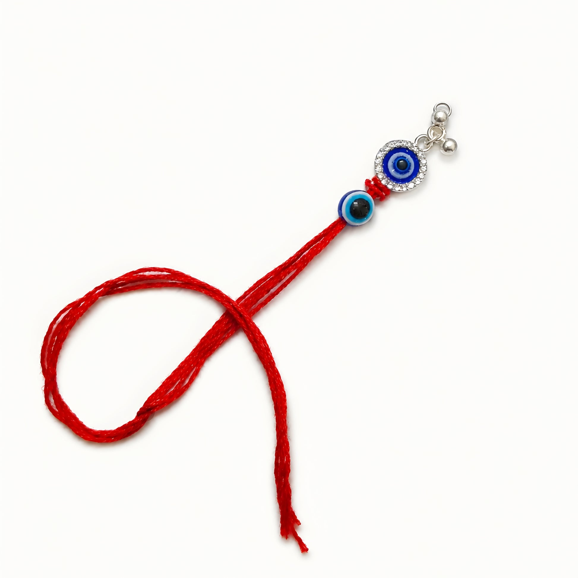 Sterling Silver Dual Nazar Lumba Rakhi for Bhabhi with two blue evil-eye motifs, hanging silver beads and red thread