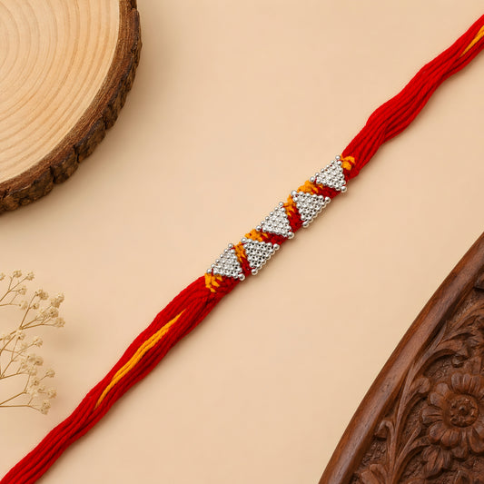 Sterling Silver Panch Shikhar Mauli Rakhi with five detailed silver motifs and broad red saffron thread for brother