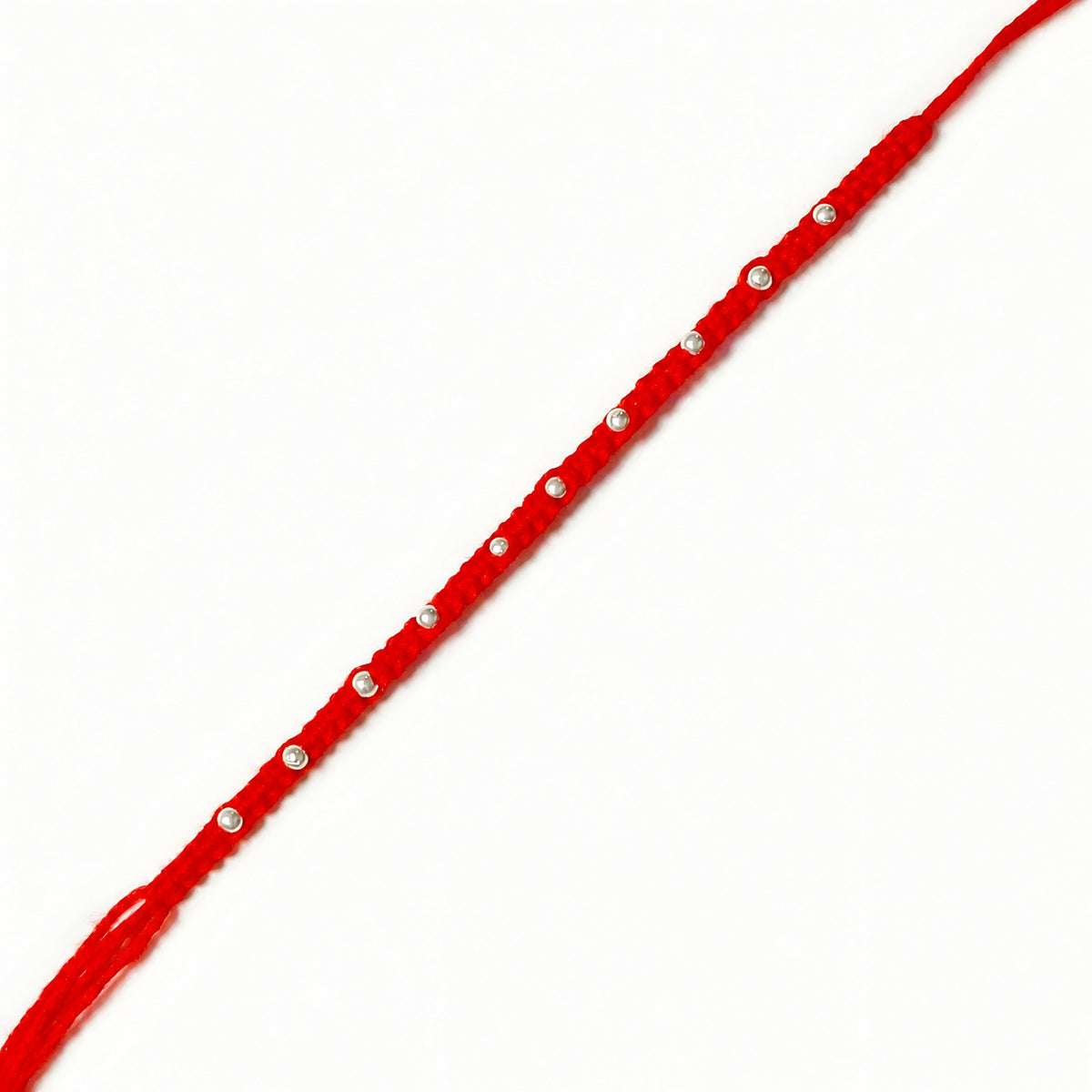 92.5 silver Rakhi with red braided thread and silver bead detailing