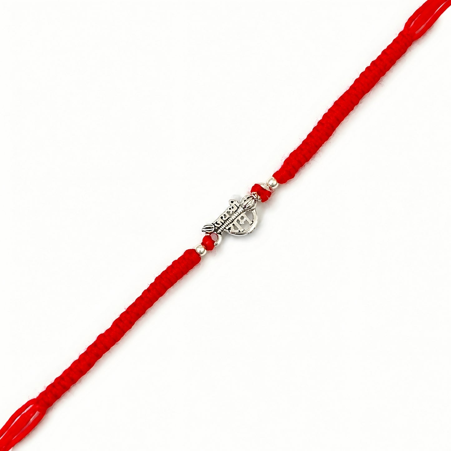 Shree Ram silver Rakhi with red braided thread and silver centerpiece