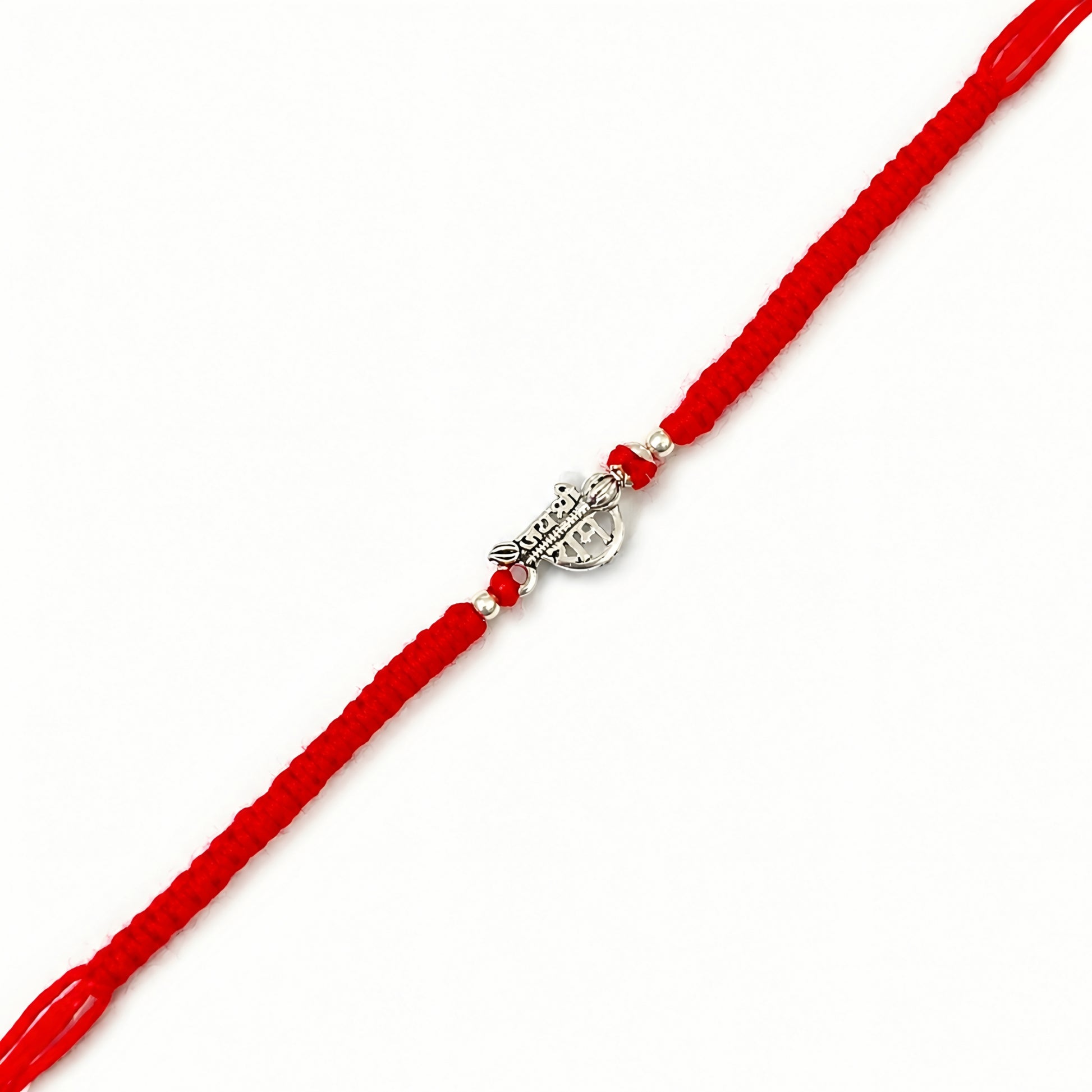 Shree Ram silver Rakhi with red braided thread and silver centerpiece