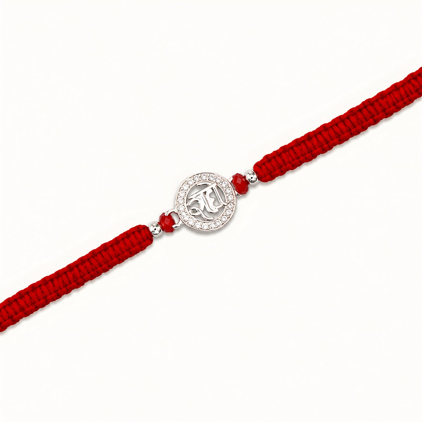 925 silver Radhe Rakhi with red braided thread for brother