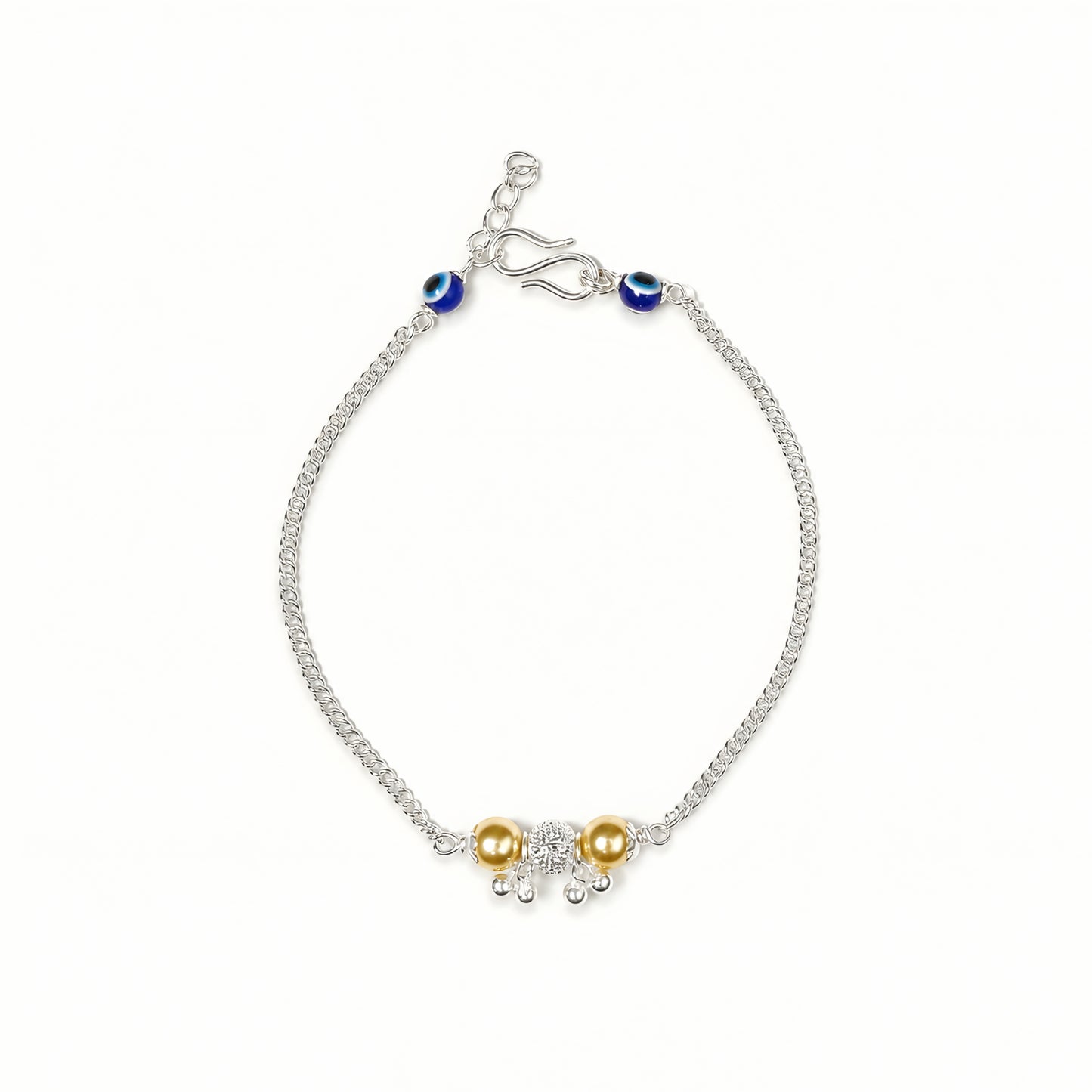Silver Bhabhi Rakhi with blue evil eye beads and gold-tone beads