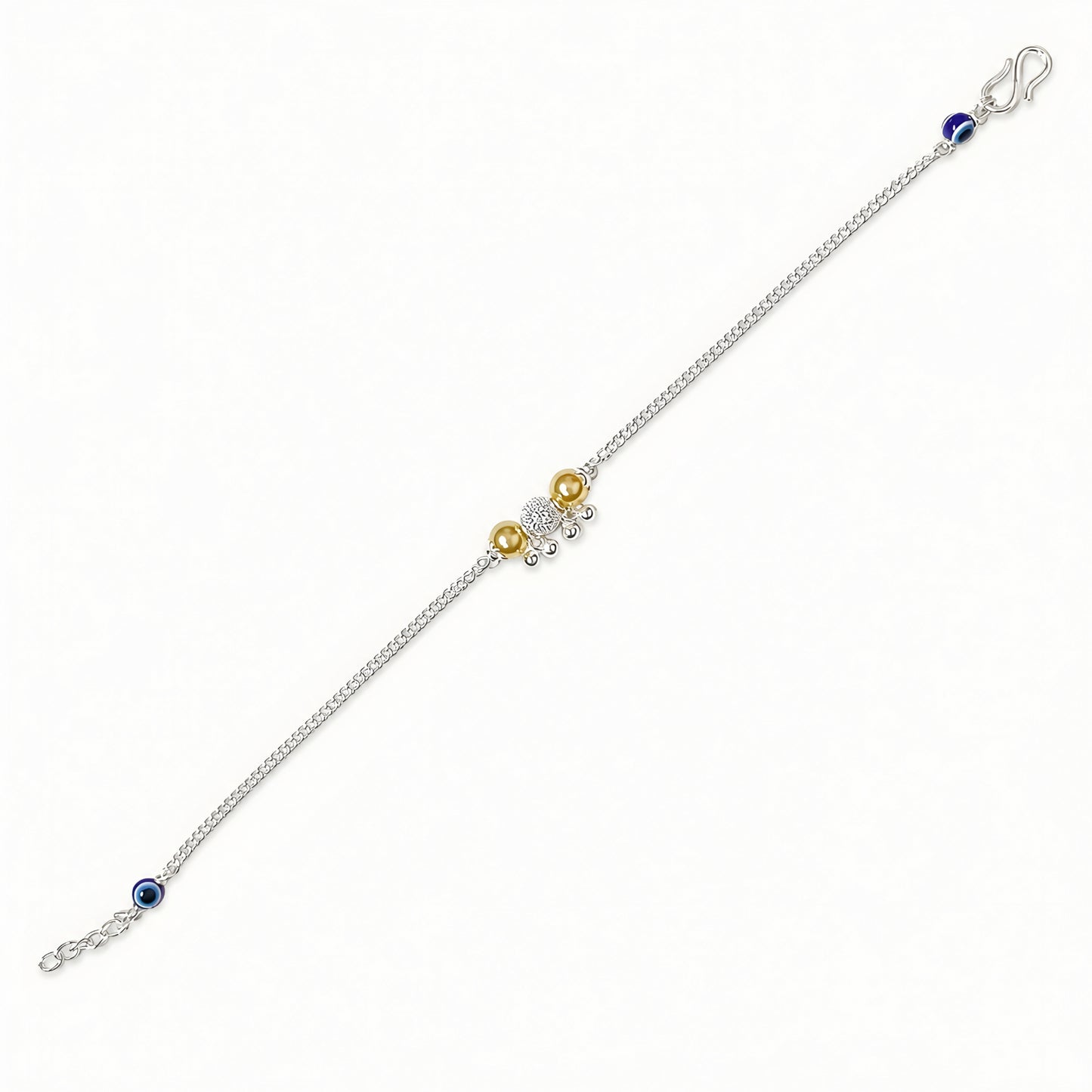 Silver Bhabhi Rakhi with blue evil eye beads and gold-tone beads