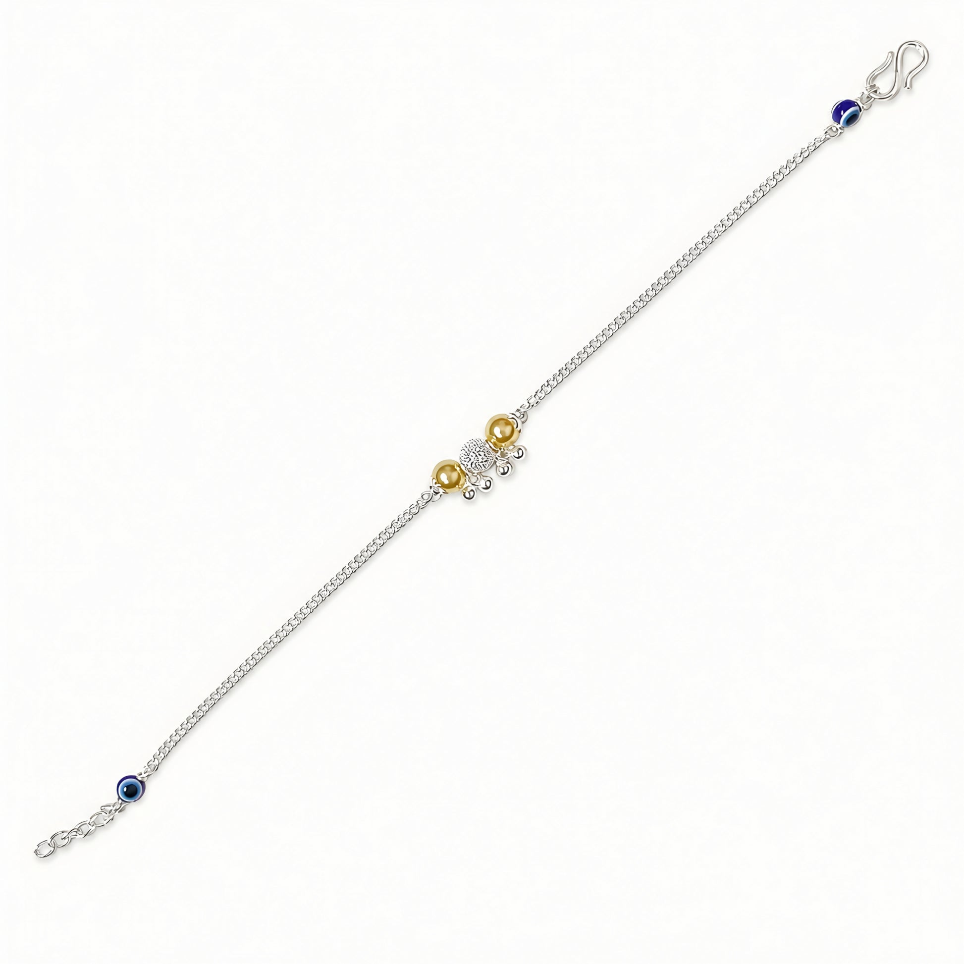 Silver Bhabhi Rakhi with blue evil eye beads and gold-tone beads