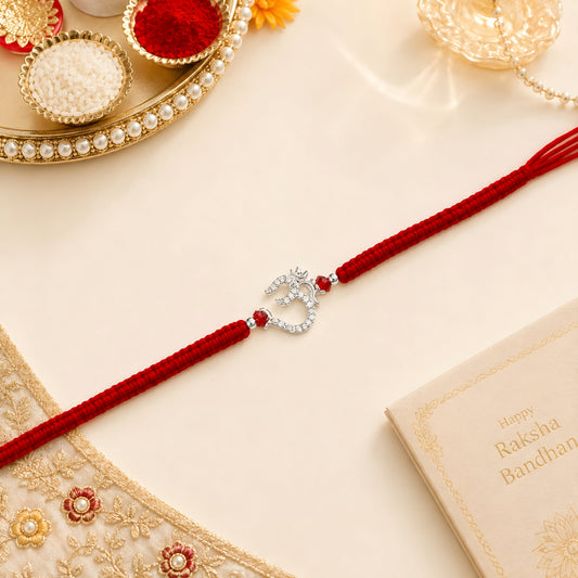 Om 925 silver Rakhi with red braided thread for brother