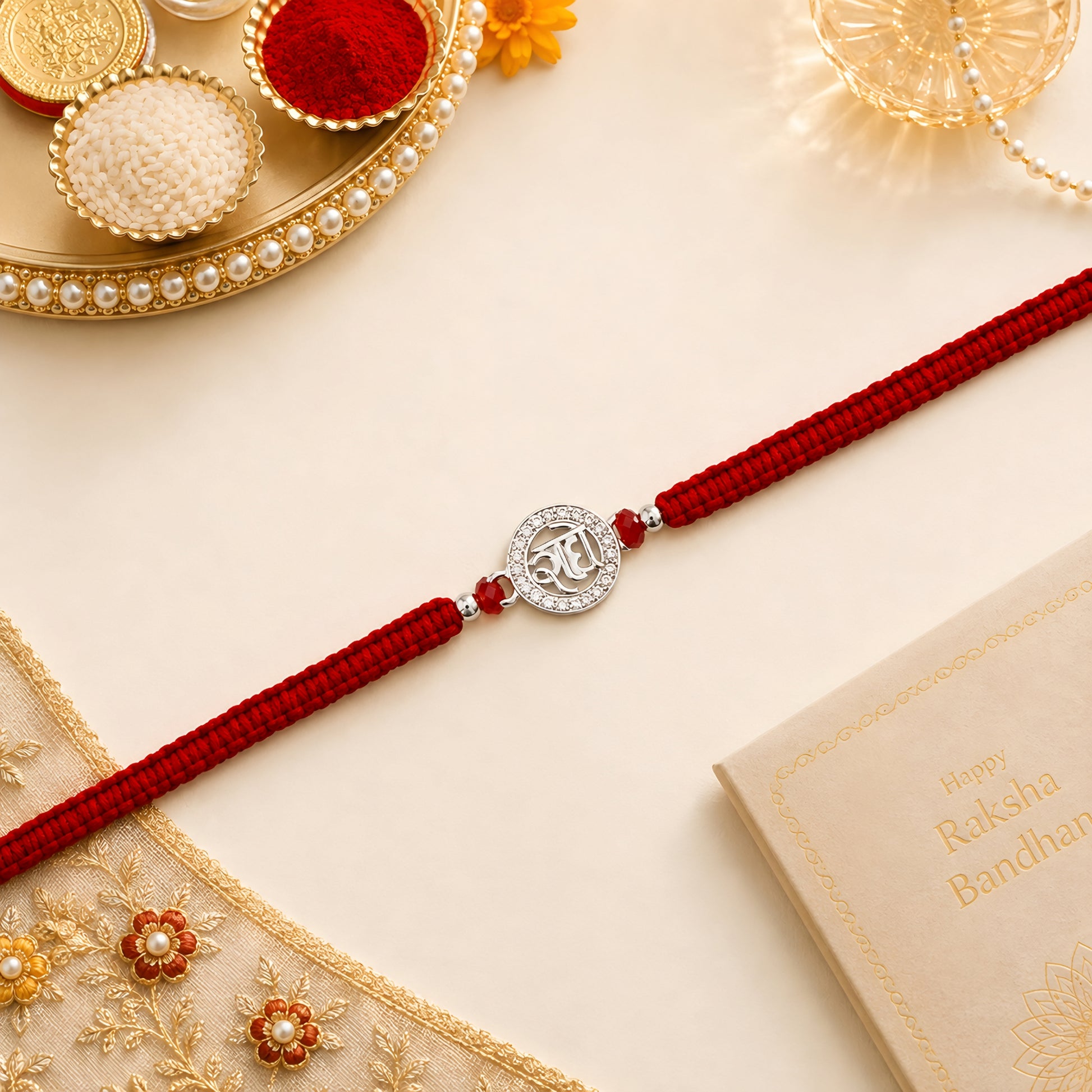 925 silver Radhe Rakhi with red braided thread for brother