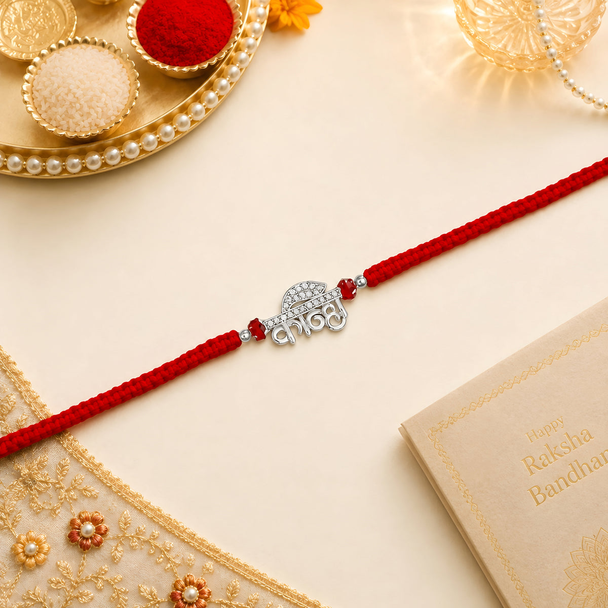 Kanha 925 silver Rakhi with Krishna flute and peacock feather design