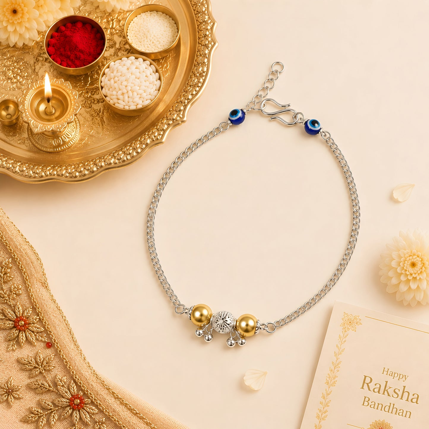 Blue Evil Eye & Gold Bead Silver Bhabhi Rakhi