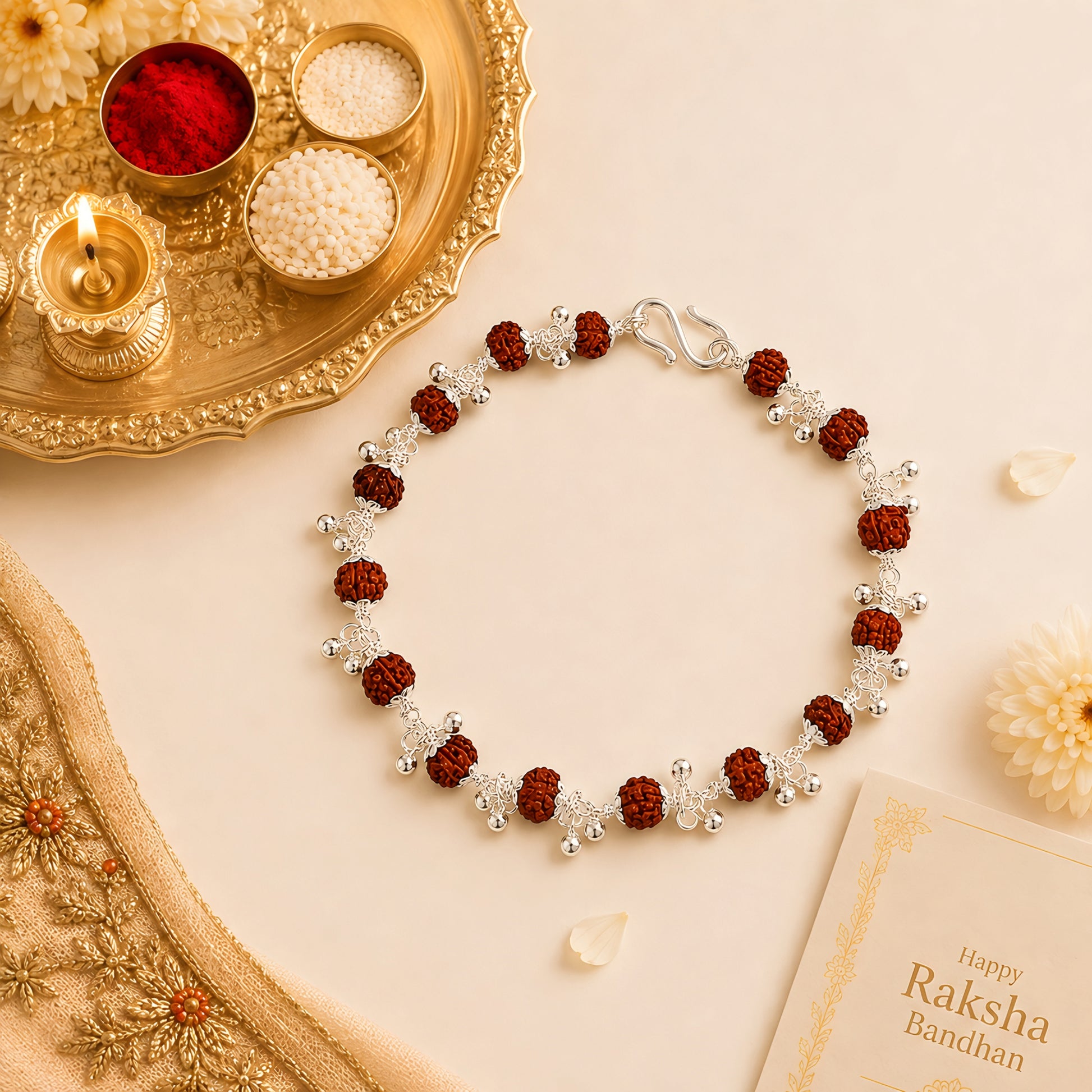 Silver Rudraksha Bhabhi Rakhi with traditional beads and silver detailing