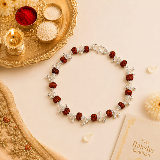 Silver Rudraksha Bhabhi Rakhi with traditional beads and silver detailing