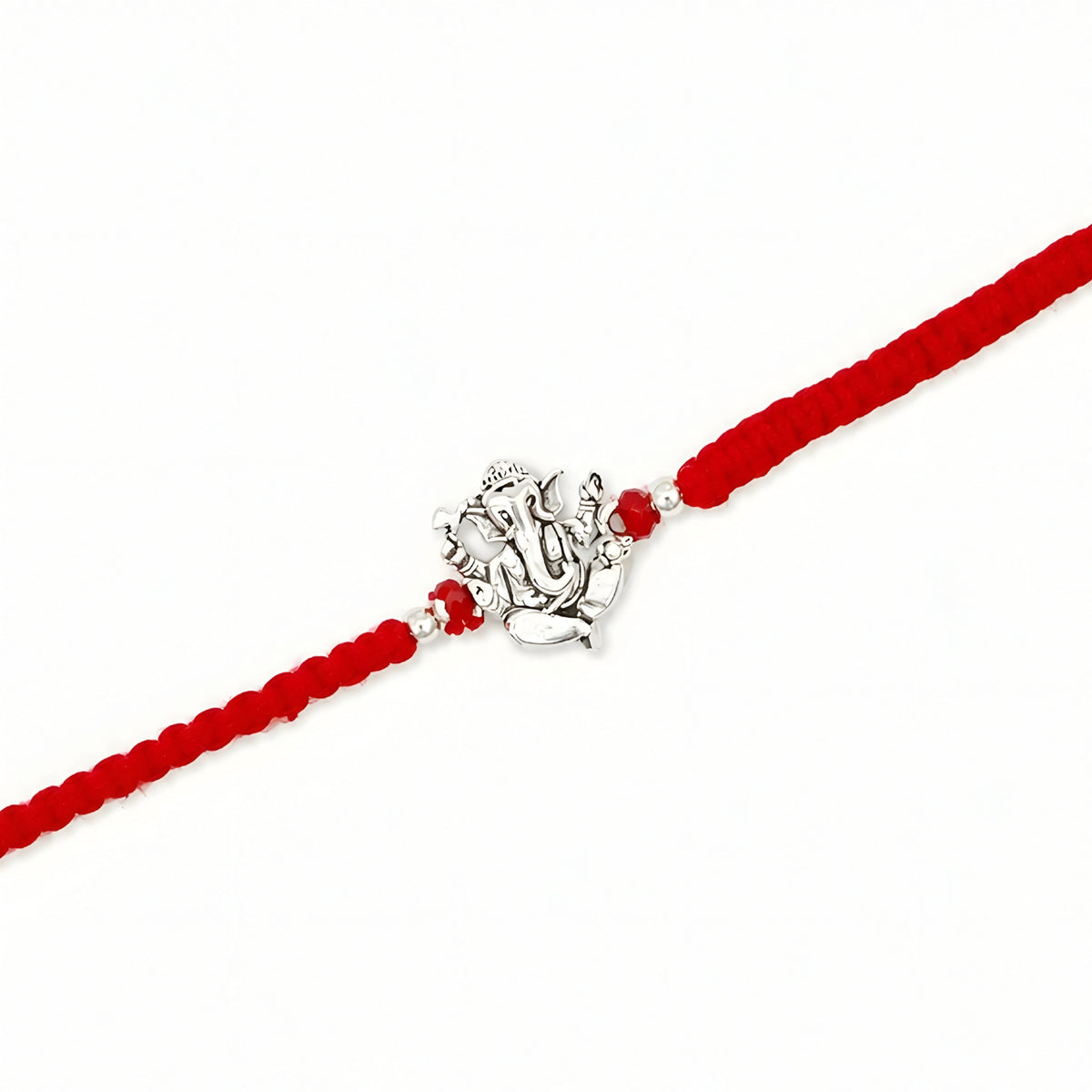 Ganesha silver Rakhi with red braided thread for brother
