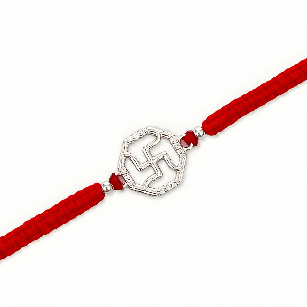 Swastik 925 silver Rakhi with red braided thread for brother
