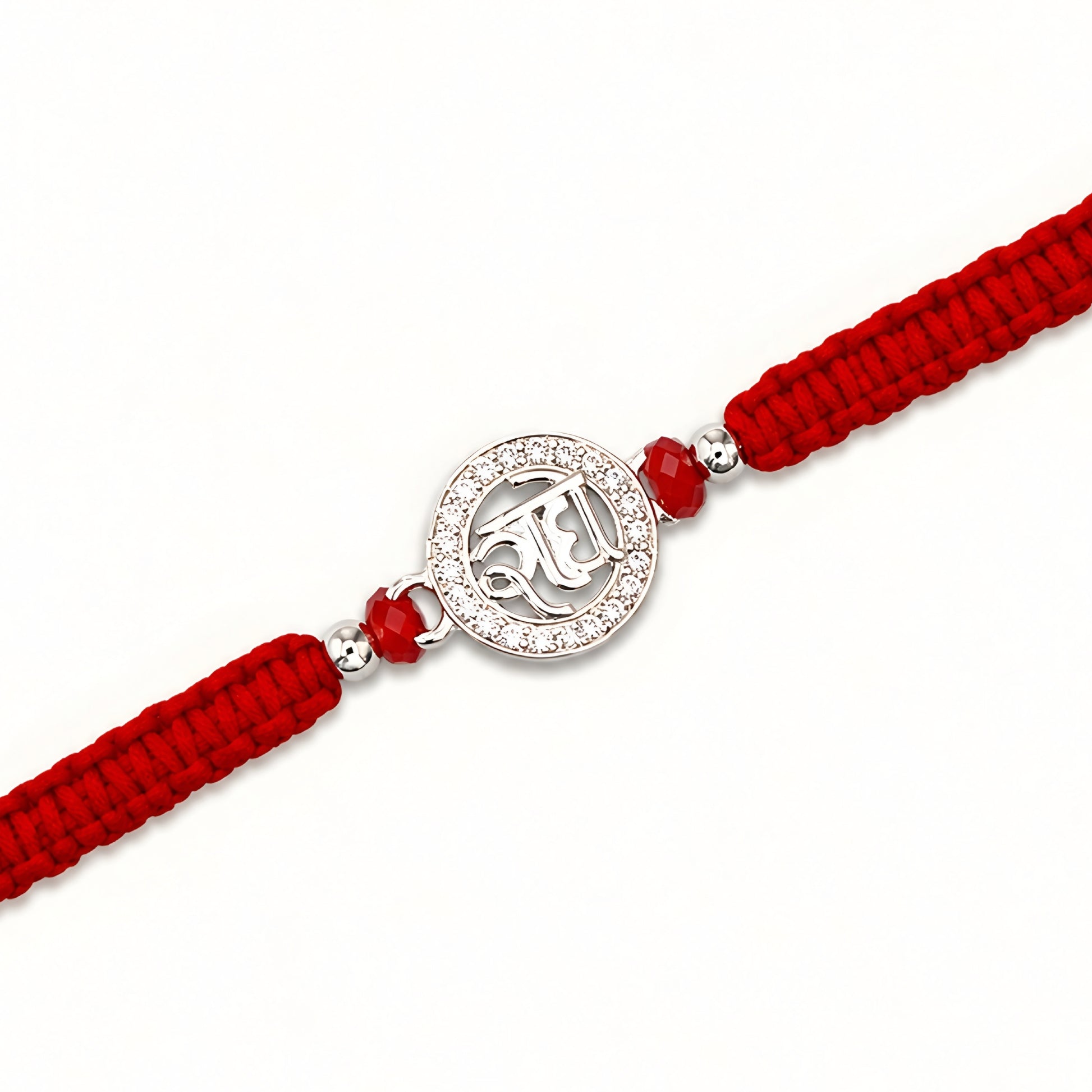 925 silver Radhe Rakhi with red braided thread for brother