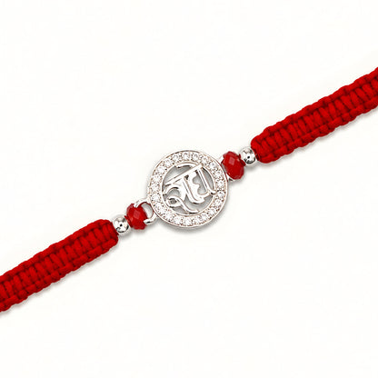 925 silver Radhe Rakhi with red braided thread for brother