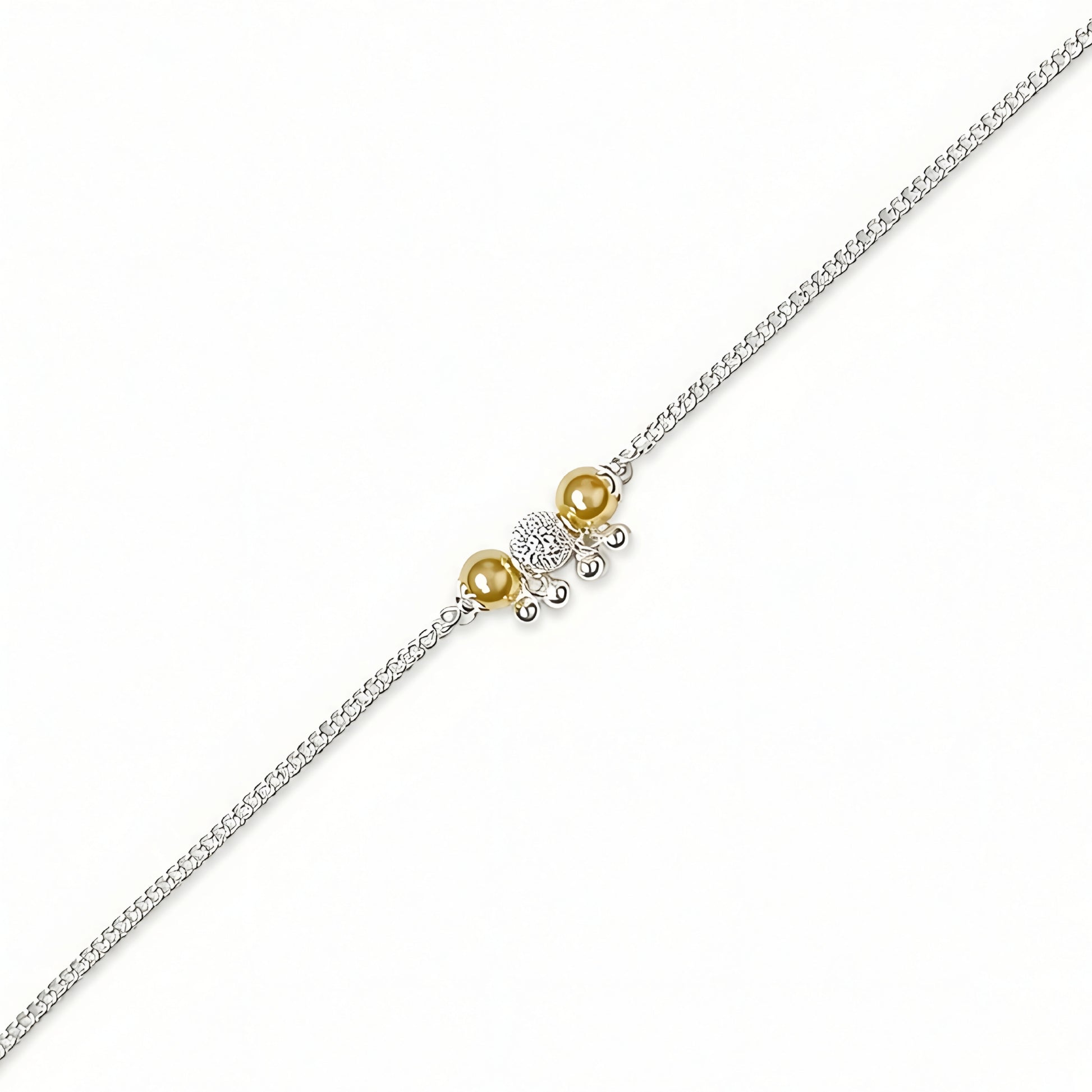 Silver Bhabhi Rakhi with blue evil eye beads and gold-tone beads