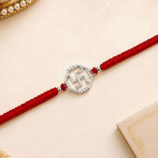 Swastik 925 silver Rakhi with red braided thread for brother