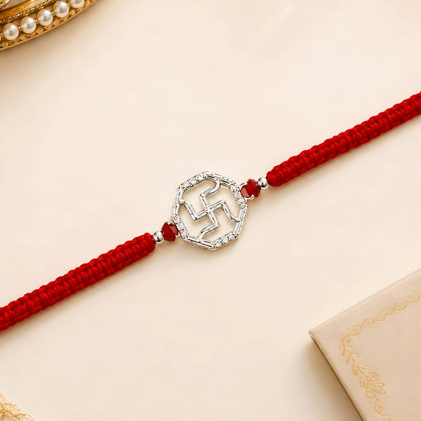 Swastik 925 silver Rakhi with red braided thread for brother