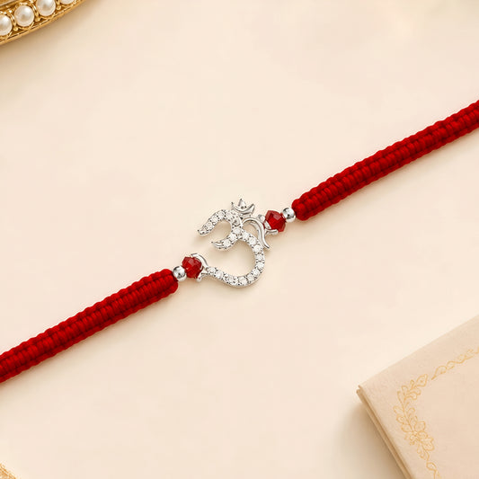 Om 925 silver Rakhi with red braided thread for brother