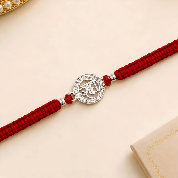 925 silver Radhe Rakhi with red braided thread for brother