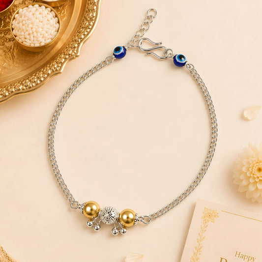 Blue Evil Eye & Gold Bead Silver Bhabhi Rakhi