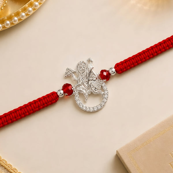 92.5 Silver Hanumanji Rakhi with red beads and red braided thread