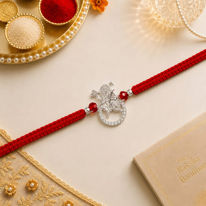 92.5 Silver Hanumanji Rakhi with red beads and red braided thread