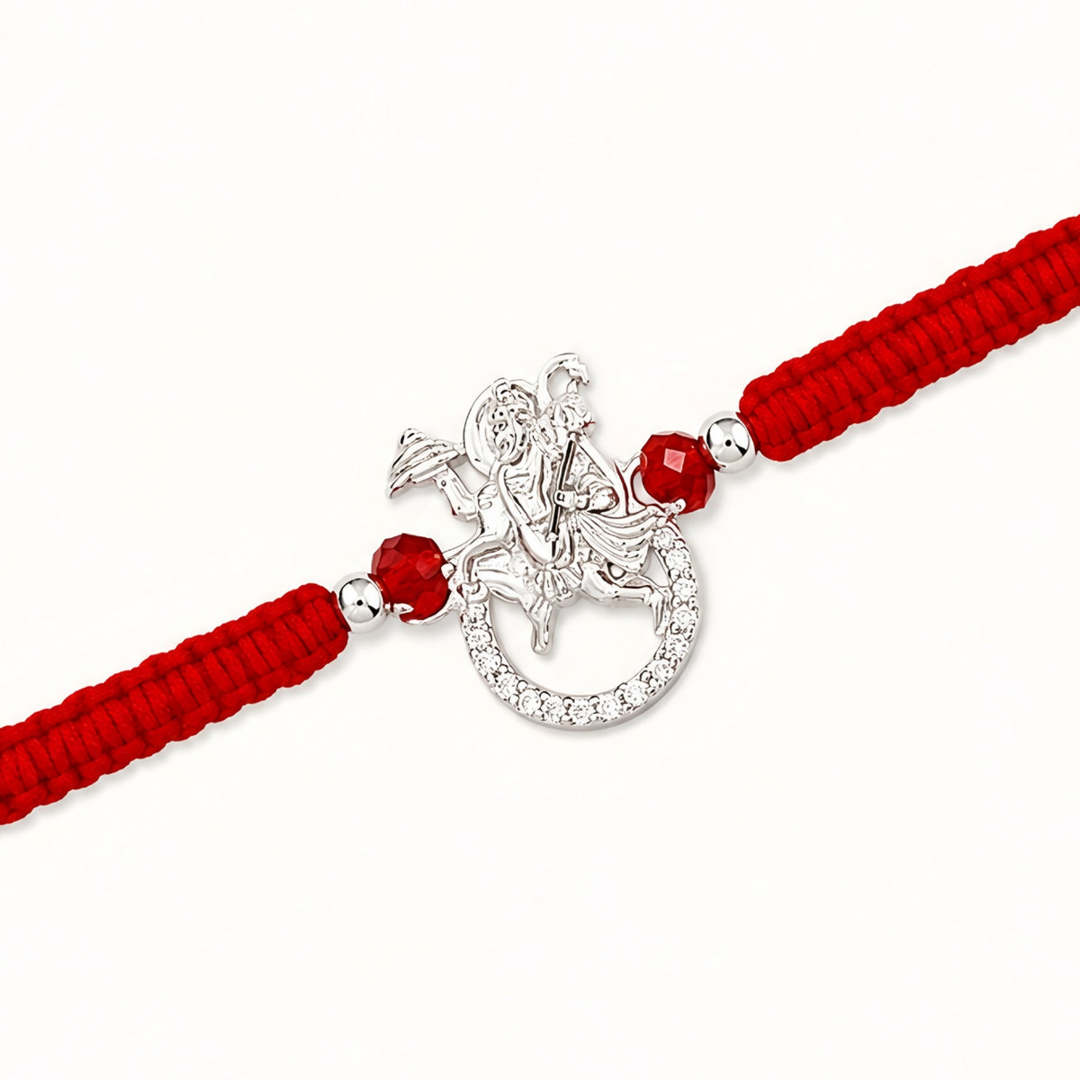 92.5 Silver Hanumanji Rakhi with red beads and red braided thread