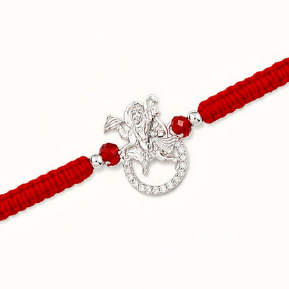 92.5 Silver Hanumanji Rakhi with red beads and red braided thread