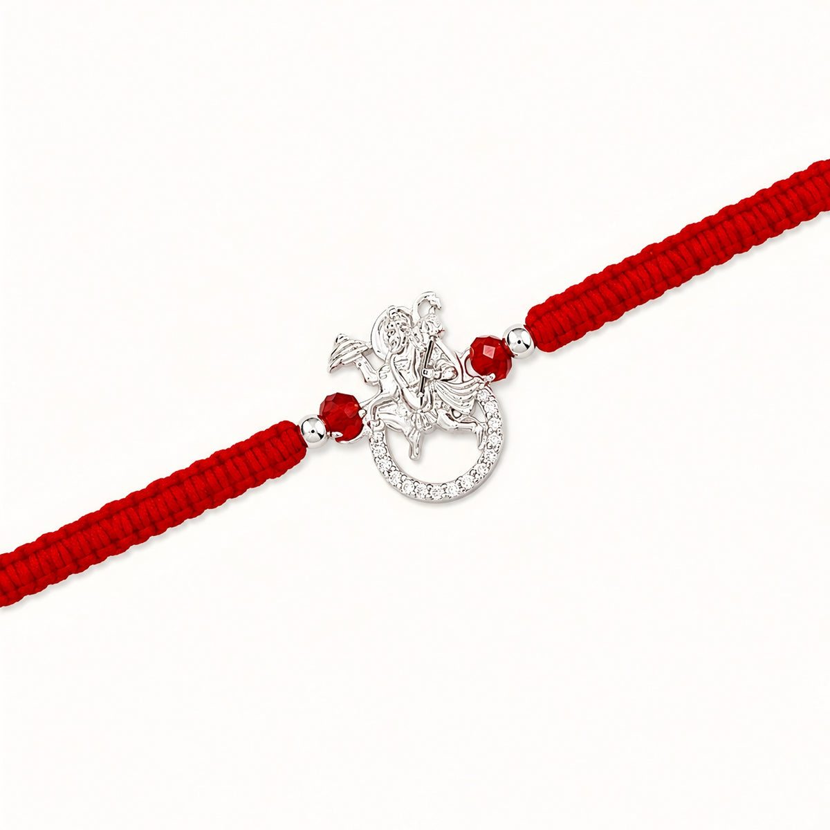 92.5 Silver Hanumanji Rakhi with red beads and red braided thread