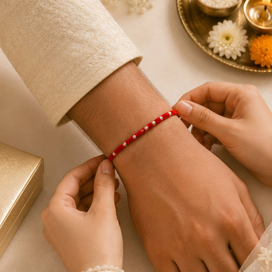 92.5 Silver Beaded Rakhi – Traditional Red Thread Rakhi