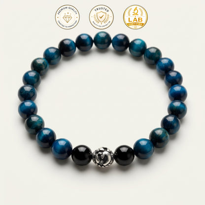 Lab Certified Blue Tiger Eye gemstone bracelet with genuine 92.5 sterling silver bead, handcrafted natural gemstone bracelet for men and women.