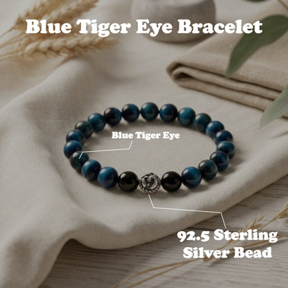 Lab Certified Blue Tiger Eye gemstone bracelet with genuine 92.5 sterling silver bead, handcrafted natural gemstone bracelet for men and women.
