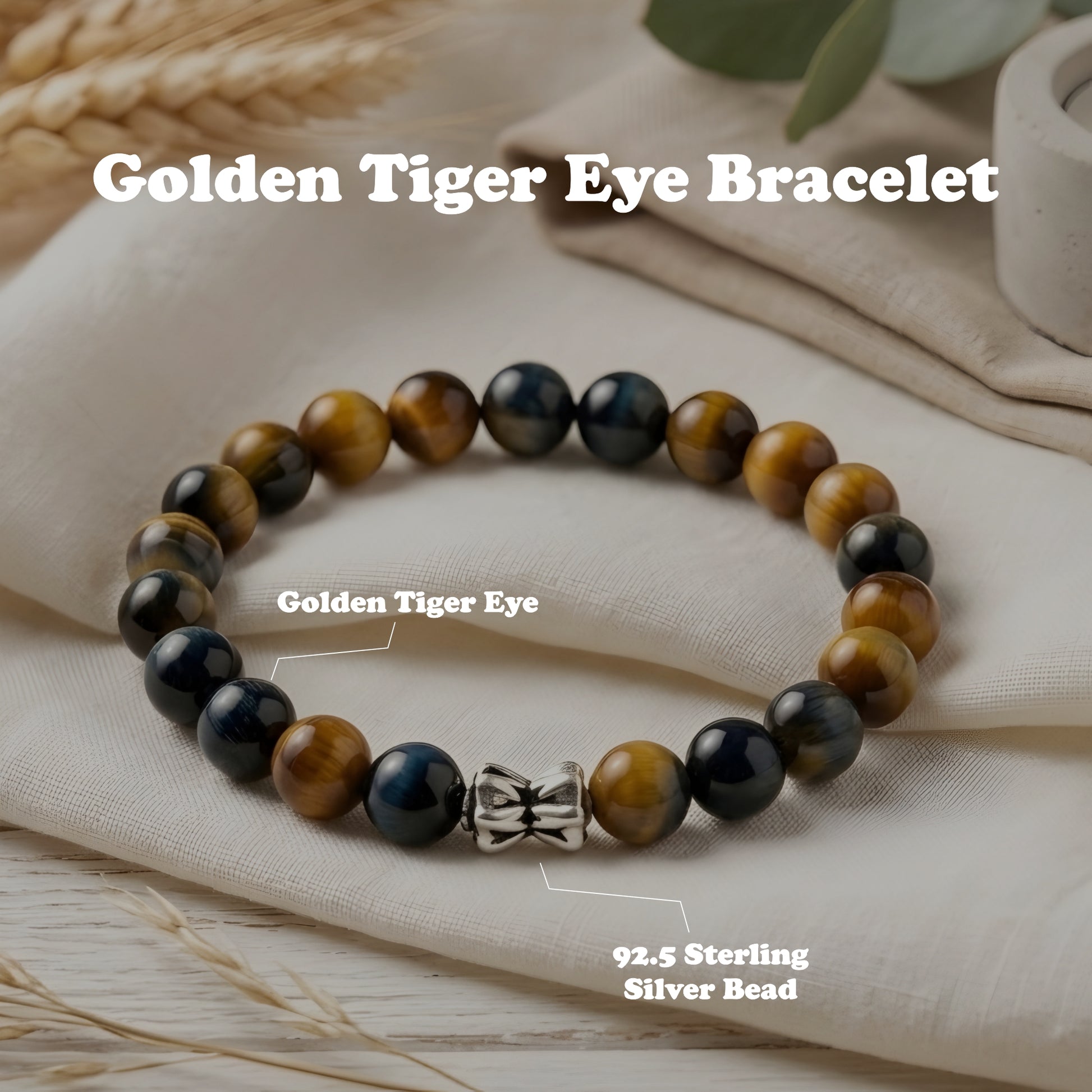 Lab Certified Golden Tiger Eye gemstone bracelet with genuine 92.5 sterling silver bead, handcrafted natural crystal bracelet for men and women.