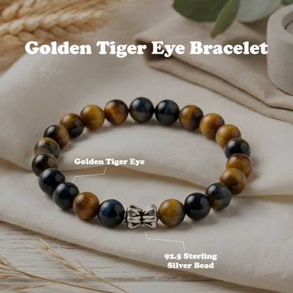Lab Certified Golden Tiger Eye gemstone bracelet with genuine 92.5 sterling silver bead, handcrafted natural crystal bracelet for men and women.
