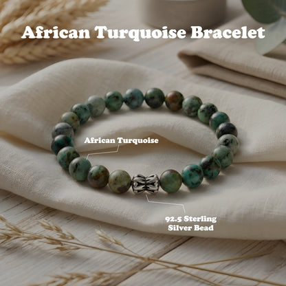 Lab Certified African Turquoise gemstone bracelet with genuine 92.5 sterling silver bead, handcrafted natural gemstone bracelet for men and women.