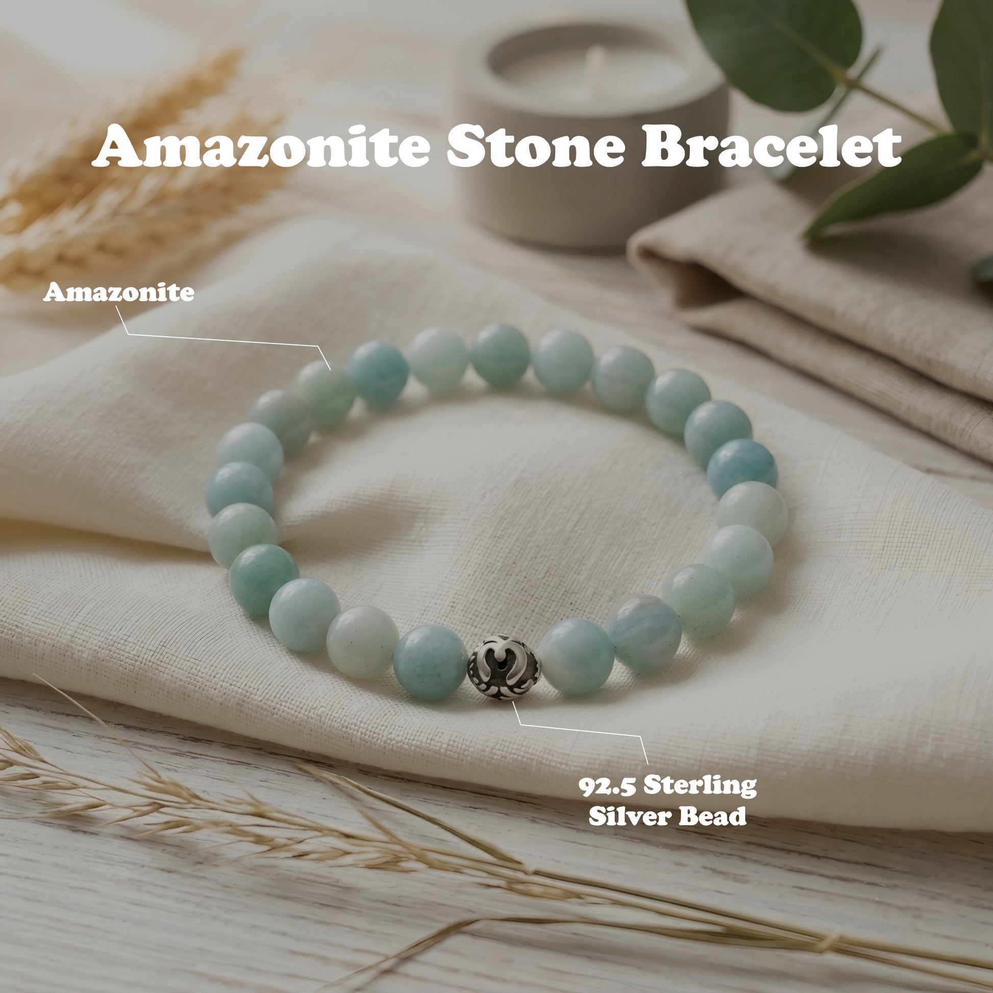 Natural Amazonite Stone Bracelet featuring genuine polished Amazonite gemstone beads with a 92.5 sterling silver bead, handcrafted stretch bracelet for men and women.