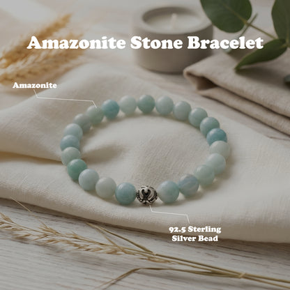 Natural Amazonite Stone Bracelet featuring genuine polished Amazonite gemstone beads with a 92.5 sterling silver bead, handcrafted stretch bracelet for men and women.